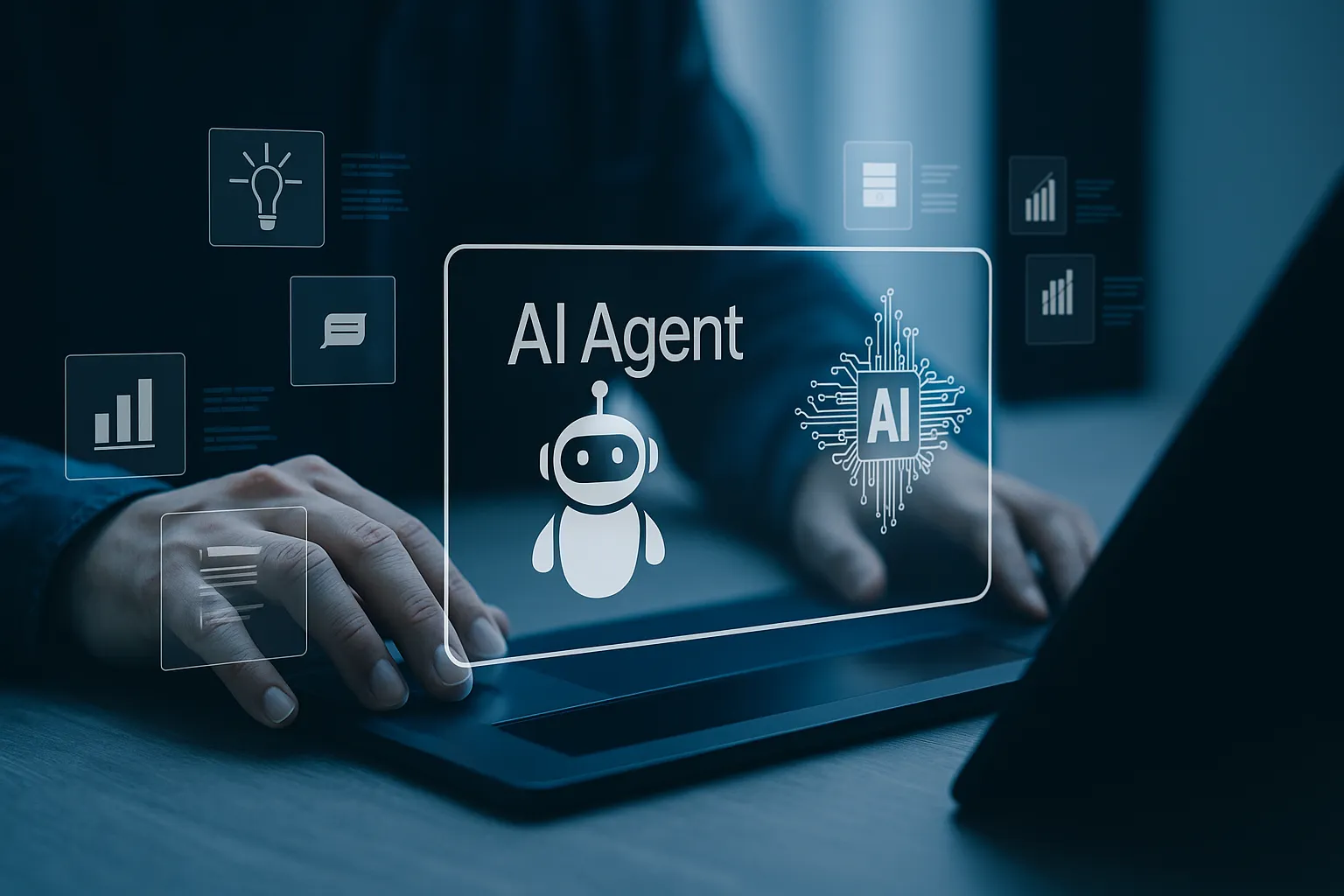 A person at a laptop with a floating "AI Agent" interface and small analytics icons.