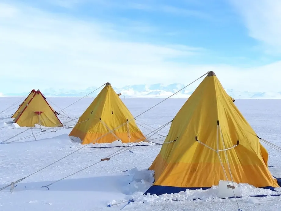 Yellow pyramid tents of the field camp on the ice, with mountains on the horizon.