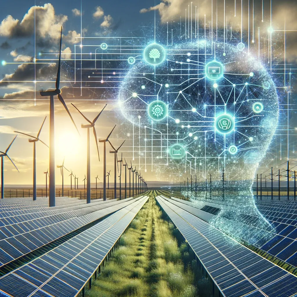 A solar farm with a digital overlay of data lines representing machine learning.